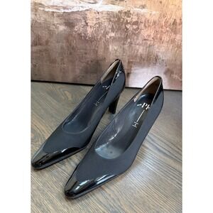NEW  Peter Kaiser Black Fabric Patent Pointed Toe Block Heel Pumps Shoes Sz US 9